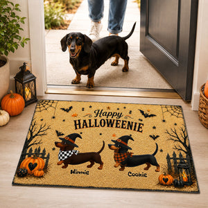 Halloween Dachshund Happy Halloweenie - Personalized Doormat - Halloween Decorations For Dachshund Lovers