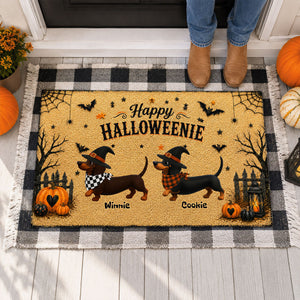 Halloween Dachshund Happy Halloweenie - Personalized Doormat - Halloween Decorations For Dachshund Lovers