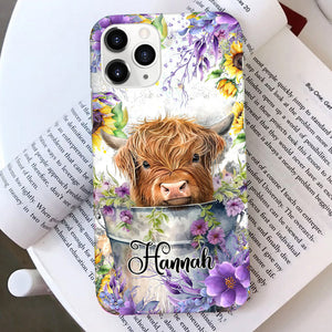 Flower Baby Highland Cow In Bucket, Love Cow Cattle Farm Personalized Phone Case