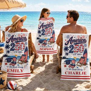 America 250th Anniversary Family Name Custom Name - Personalized Beach Towel - Family Patriotic Crew Matching Beach Towel