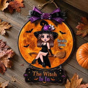 The Witch Is In Witch On Broom - Personalized Door Hanger Sign - Halloween Decor, Wicca Pagan Decor For Witches