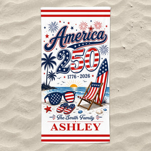America 250th Anniversary Family Name Custom Name - Personalized Beach Towel - Family Patriotic Crew Matching Beach Towel
