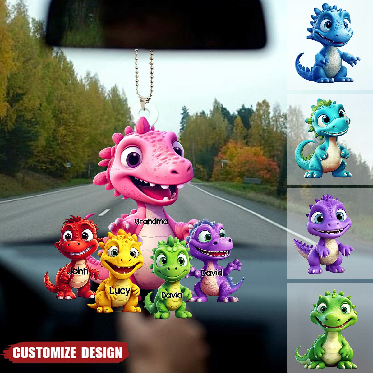 Personalized Dinorsaur Mom/Grandma And Kids Acrylic Car Ornament