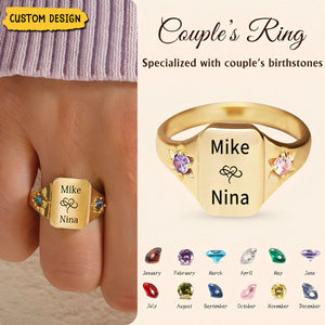 Custom Name Personalized Rings With 2 Birthstones, Gift for Couple (Unisex Design)