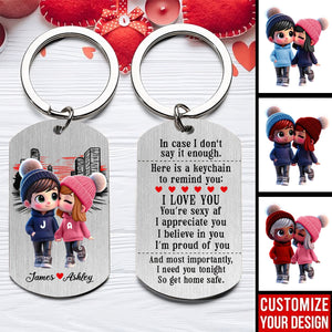Cute Cartoon Couple Walking Personalized Stainless Steel Keychain- Gift For Couple