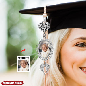 Personalized Graduation Tassel Photo Charm With Angel Wings - Memorial Graduation Gift