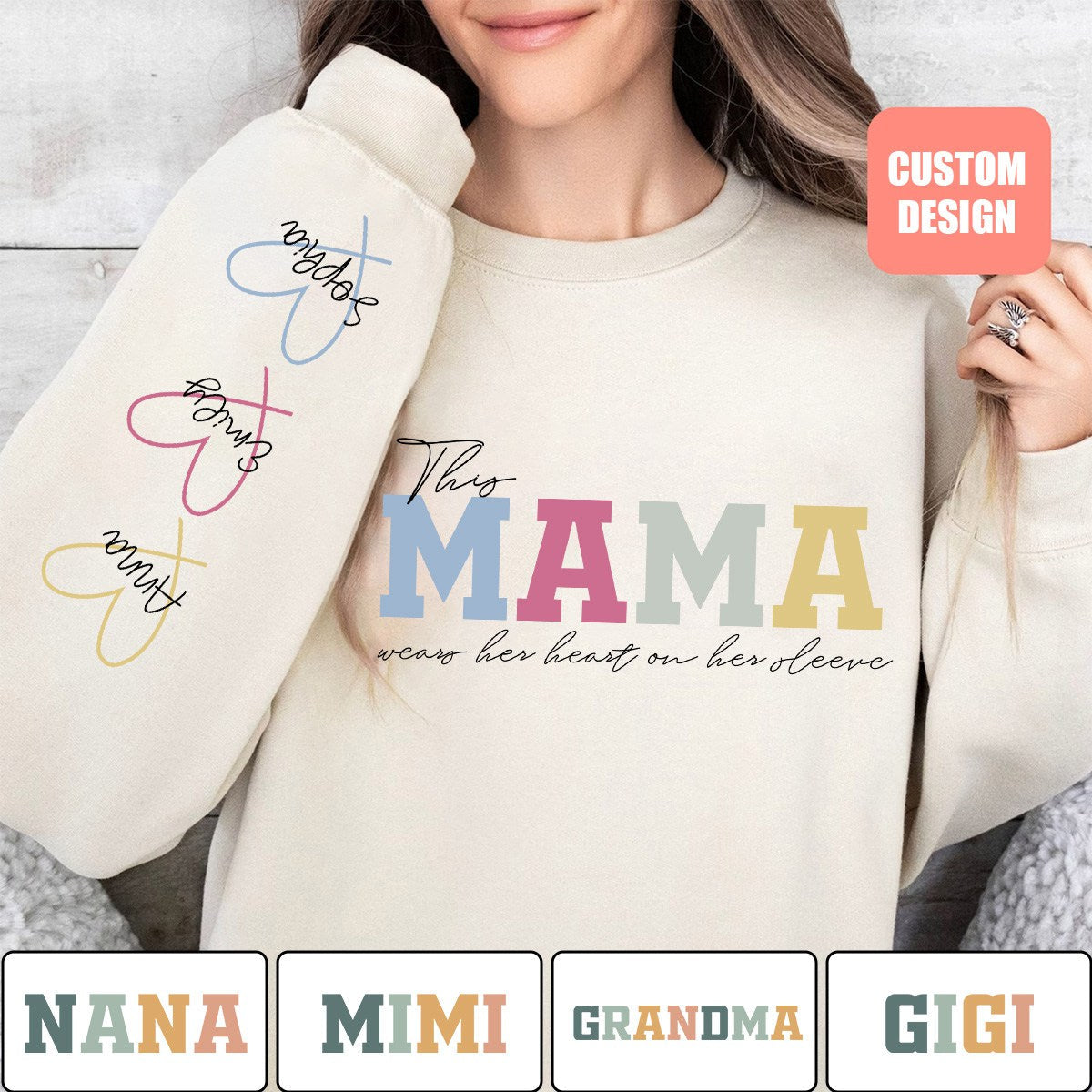 Wear Heart On Sleeve - Personalized Sweatshirt/Hoodie - Gift For Grandma/Mom