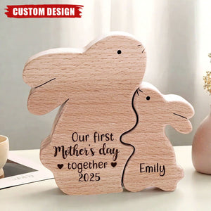 Wooden Bunny Mom And Baby - Personalized Wooden Puzzle, Mother's Day Gift
