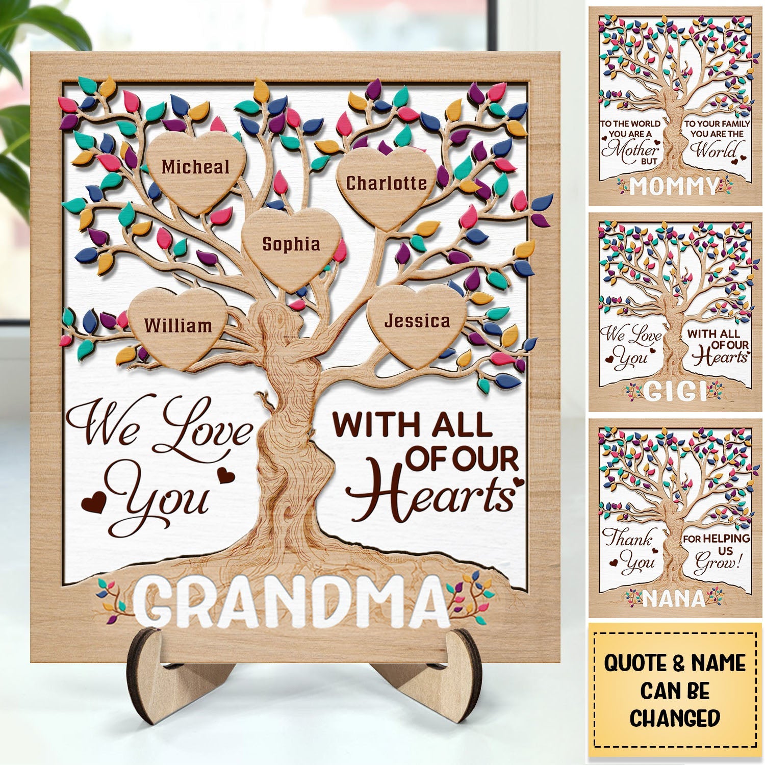Heart Tree Mom - Personalized 2-Layered Wooden Plaque With Stand - Gift For Mother, Grandma, Auntie