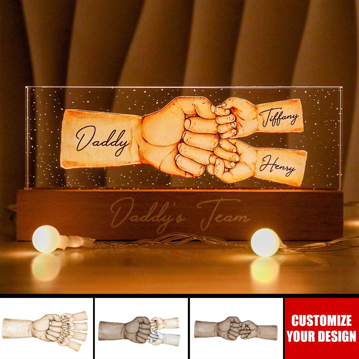Daddy's Team Fist Bump Personalized Acrylic LED Night Light - Father's Day Gift For Dad