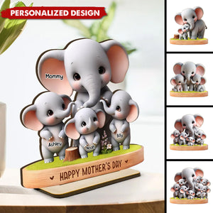 Cute Elephant Mama/Grandma With Kids-Personalized Standing Wooden Plaque-Gift For Mom/Grandma