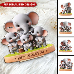 Cute Elephant Mama/Grandma With Kids-Personalized Standing Wooden Plaque-Gift For Mom/Grandma