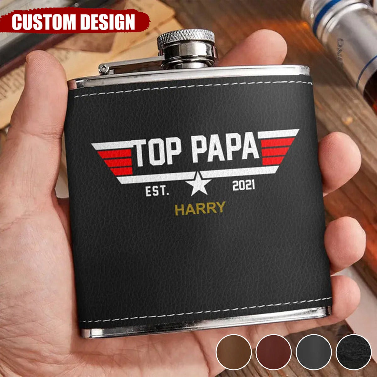 Personalized Papa Leather Flask - Up to 12 Children - Gift Idea for Dad/Grandpa
