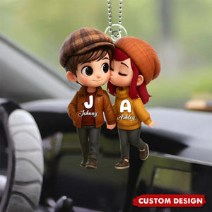 Fall Season 3D Effect Cute Cartoon Couple Walking Personalized Car Ornament, Perfect Gift for him, Gift for her