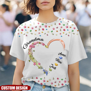 Personalized Grandma, Nana Flower Heart 3D T-shirt