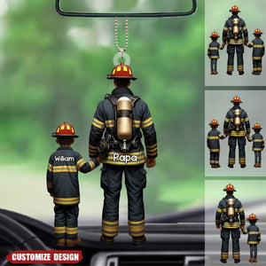 Firefighter Dad And Kids - Personalized Acrylic Car Ornament