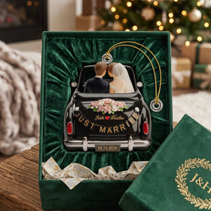 Personalized Just Married 2D Flat 2 Layer Ornament, Couple Newlywed Gift