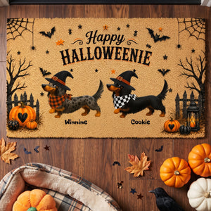 Halloween Dachshund Happy Halloweenie - Personalized Doormat - Halloween Decorations For Dachshund Lovers