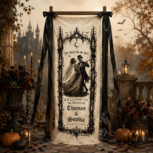 Personalized Gothic Wedding Tapestry, Halloween Wedding Welcome Sign