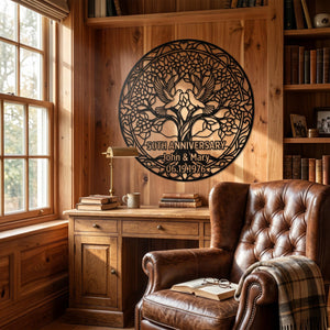 Personalized Anniversary Metal Sign, Tree of Life Love Birds Wall Art, Custom Couple Gift