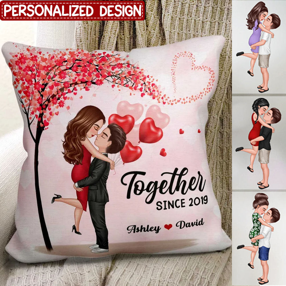 Couple Hugging Kissing Under Heart Tree Personalized Pillow - Valentine‘s Day Gift