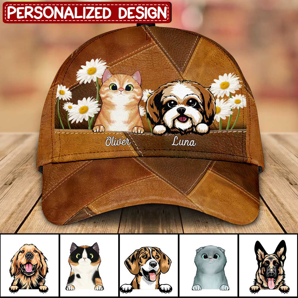 Daisy Flower Love Puppy Kitten Pet Dog Cat Leather Pattern Personalized Cap