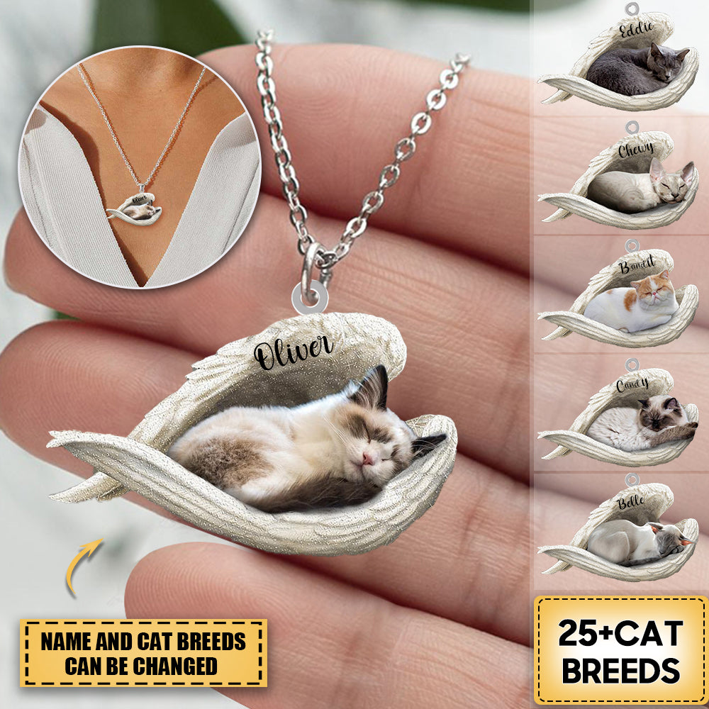 Personalized Cat Sleeping Angel Stainless Steel Necklace