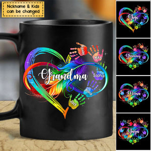 Personalized Grandma Grandkids Infinity Heart Hand Prints Black Mug