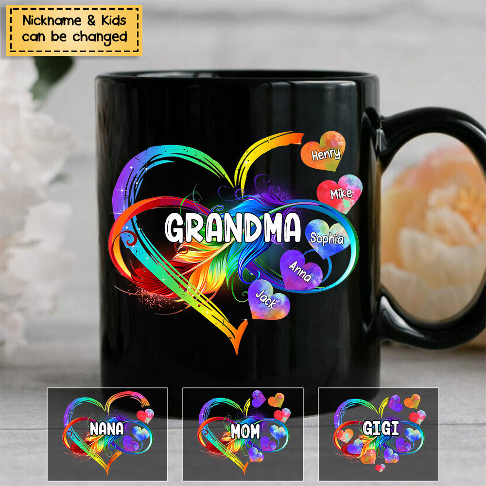 Personalized Grandma Mom Heart Infinity Rainbow Black Mug