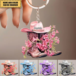 Personalized Boots And Hat With Flower Cowgirl / Cowboy Keychian