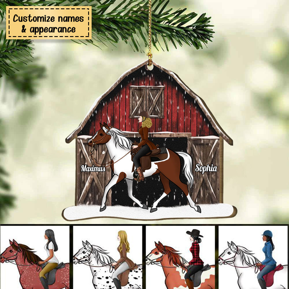 Horse Lovers Girl Riding Horse Red Barn - Personalized Wooden Christmas Ornament With Bow