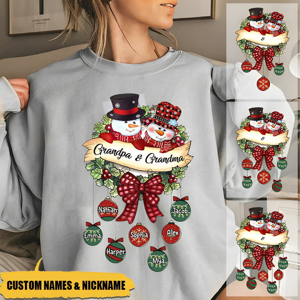 Snowman Grandpa & Grandma Mom & Dad Christmas Ball Kids Personalized Sweatshirt