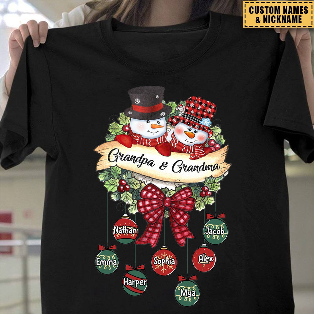 Snowman Grandpa & Grandma Mom & Dad Christmas Ball Kids Personalized T-shirt
