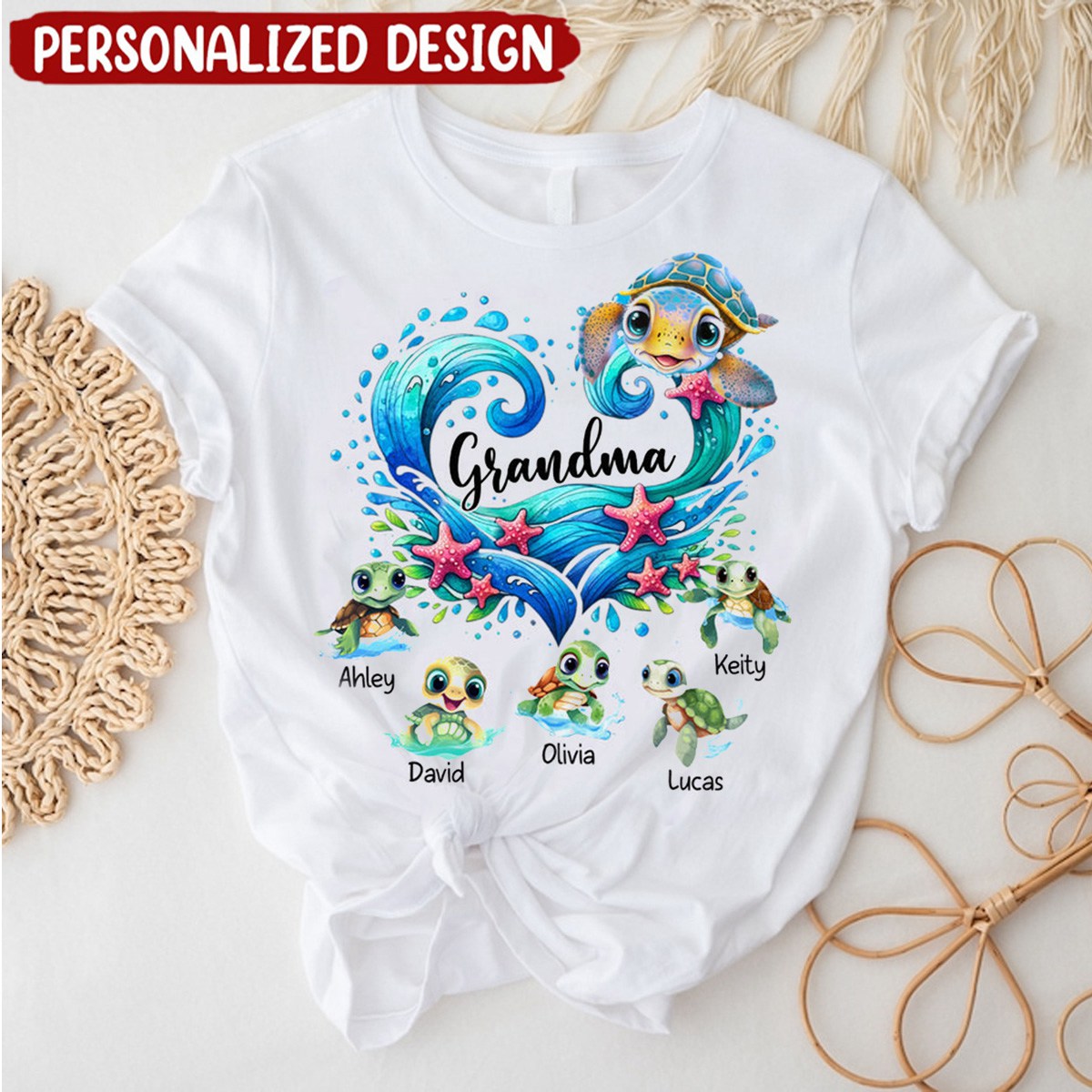 Sea Turtle Grandma With Cute Grandkids Personalized T-shirt