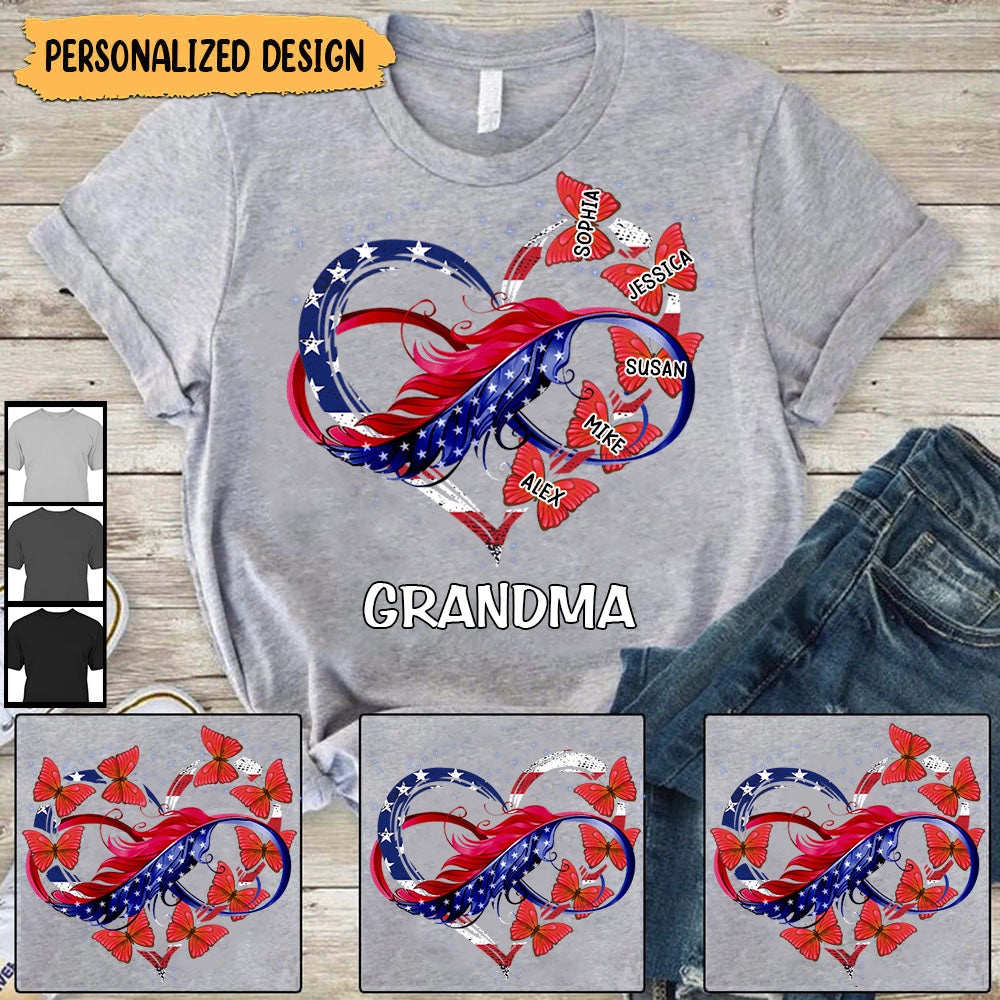 Grandma, Nana, Mimi Butterfly Love Grandkids 4th July Personalized T-Shirt