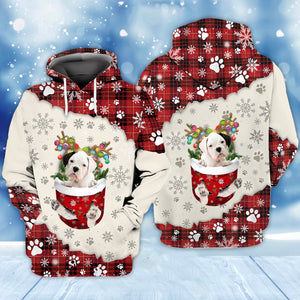 WHITE Boxer In Snow Pocket Merry Christmas Unisex Hoodie