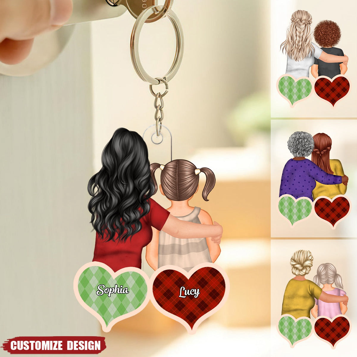 Checkered Pattern Hearts - Personalized Acrylic Keychain - Gift For Mom, Grandma