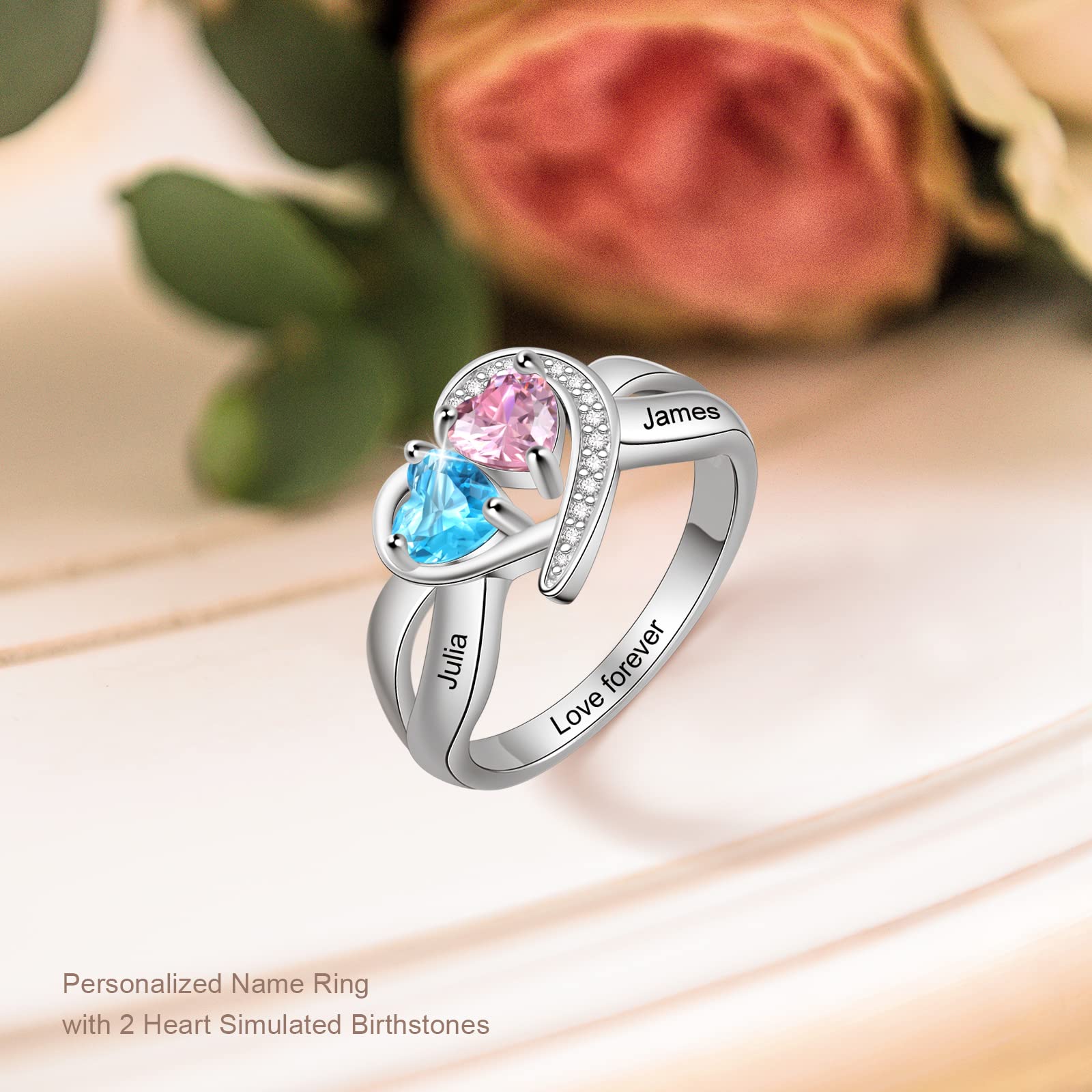 Love Forever - Personalized Rings With 2 Birthstones - Custom Name Promise Rings