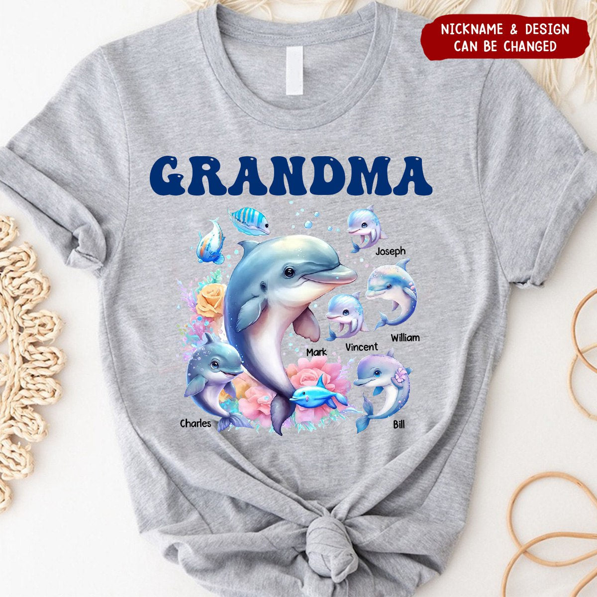 Personalized Grandma Dolphin with Kid Names Printed T-shirt