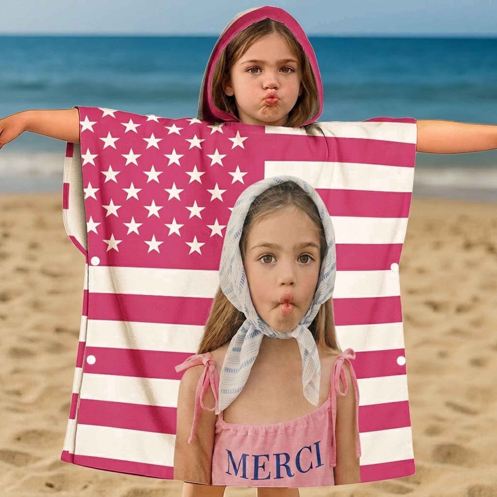 Funny American Flag With Kids Photos - Personalized Beach Towel