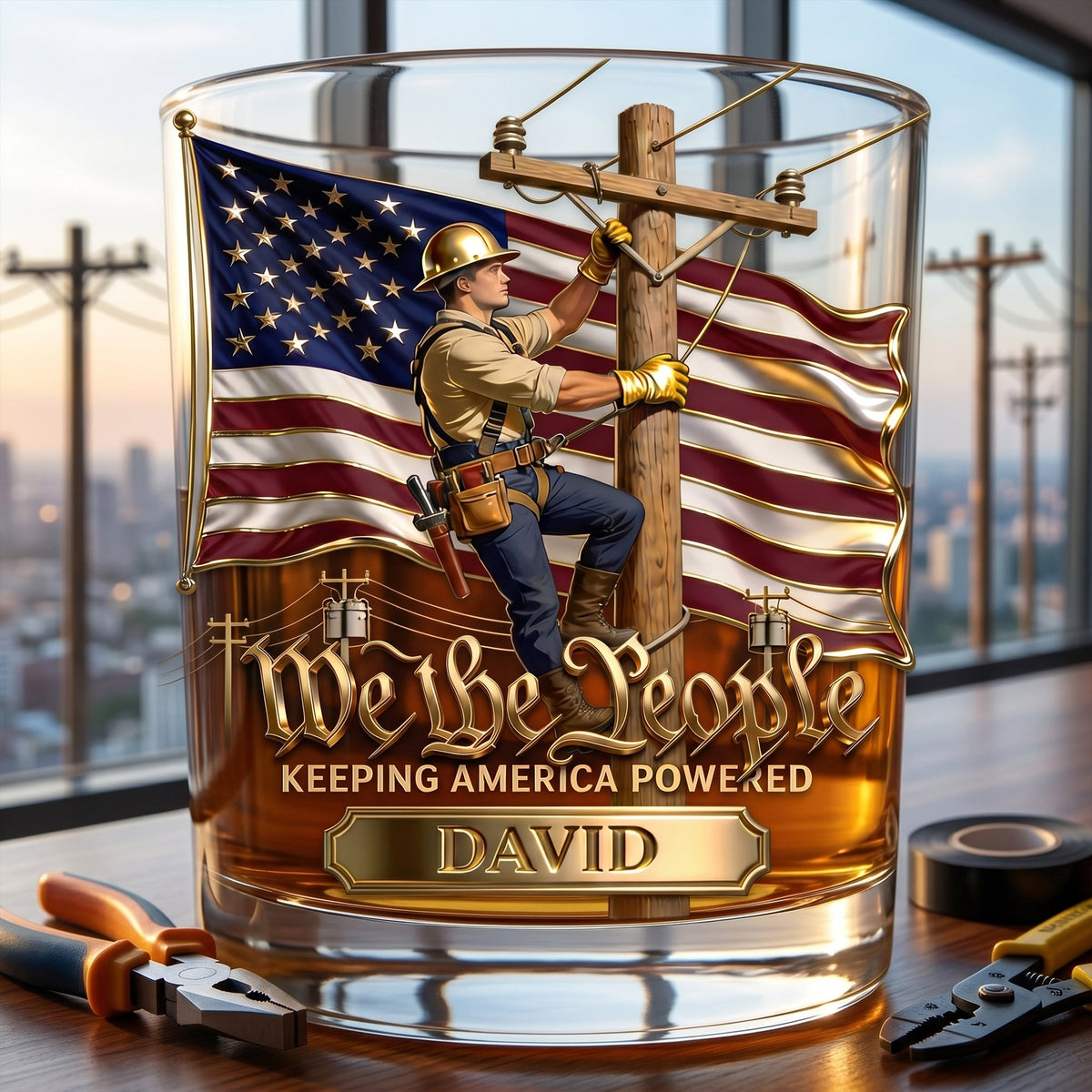 Keeping America Powered Whiskey Glass - Personalized Gifts For Lineman