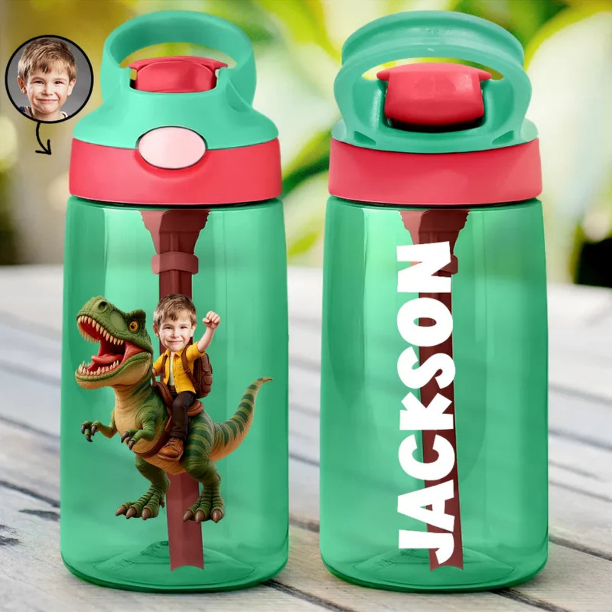 Personalized Photo Cute Kid Riding Dinosaur Flamingo Water Bottle - Back To School Gift