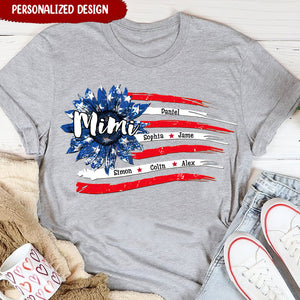Personalized Grandma with Grandkids Sunflower American Flag T-Shirt