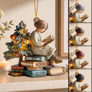 Just a Girl Who Loves Books -  Personalized Wooden Ornament - Custom Reader Christmas Tree Decor Gift