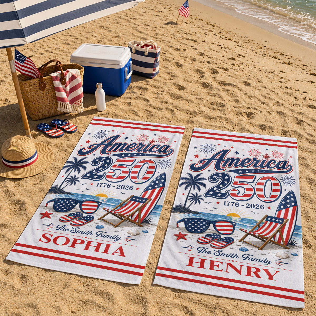 America 250th Anniversary Family Name Custom Name - Personalized Beach Towel - Family Patriotic Crew Matching Beach Towel