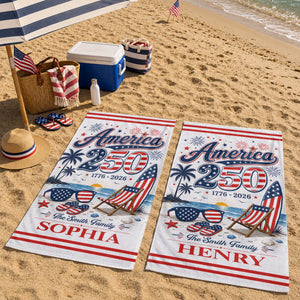 America 250th Anniversary Family Name Custom Name - Personalized Beach Towel - Family Patriotic Crew Matching Beach Towel