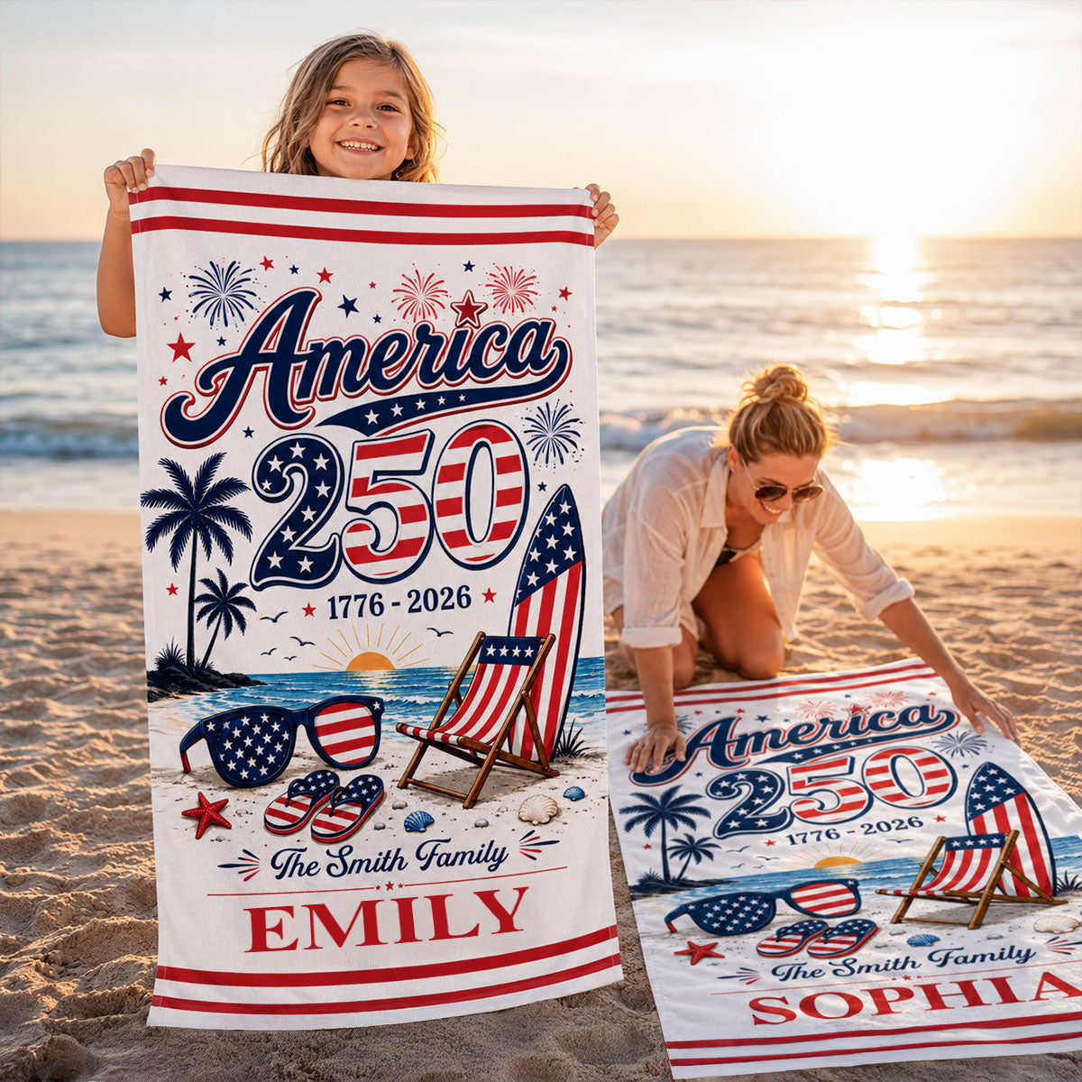 America 250th Anniversary Family Name Custom Name - Personalized Beach Towel - Family Patriotic Crew Matching Beach Towel
