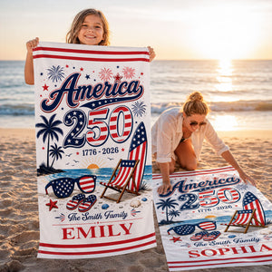 America 250th Anniversary Family Name Custom Name - Personalized Beach Towel - Family Patriotic Crew Matching Beach Towel
