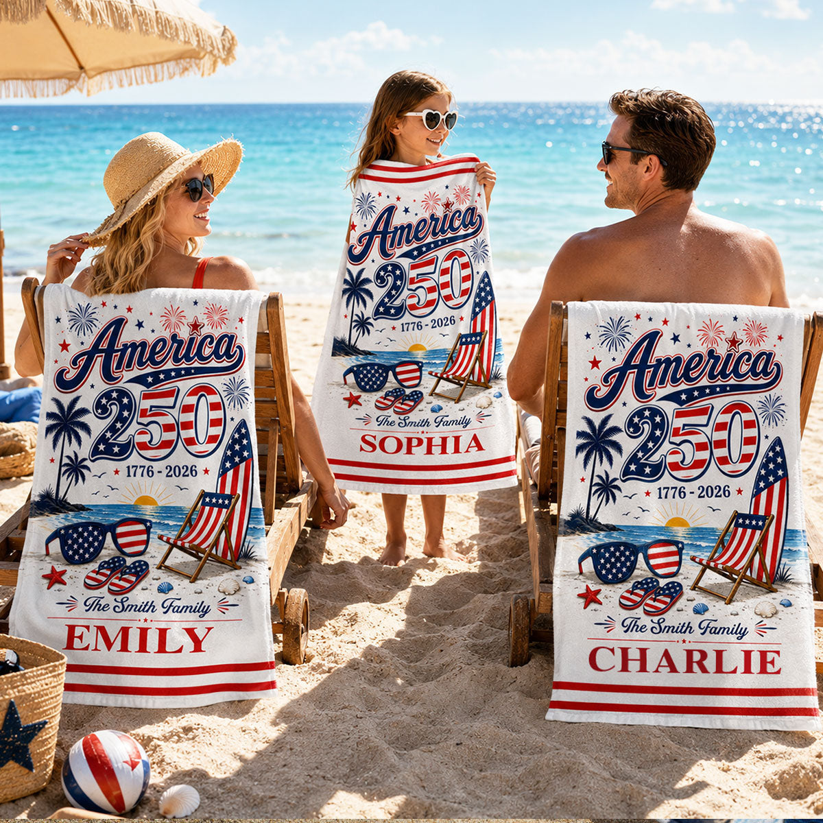 America 250th Anniversary Family Name Custom Name - Personalized Beach Towel - Family Patriotic Crew Matching Beach Towel