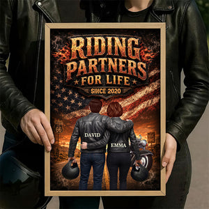 Bikers Couple Riding Partners for Life Nation Flag - Personalized Poster - Heartfelt Gift for Him, for Her